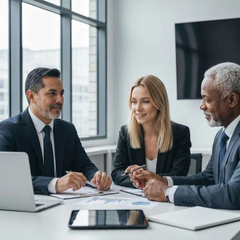 Business executives collaborating on ISO 9001 certification strategies in a modern office