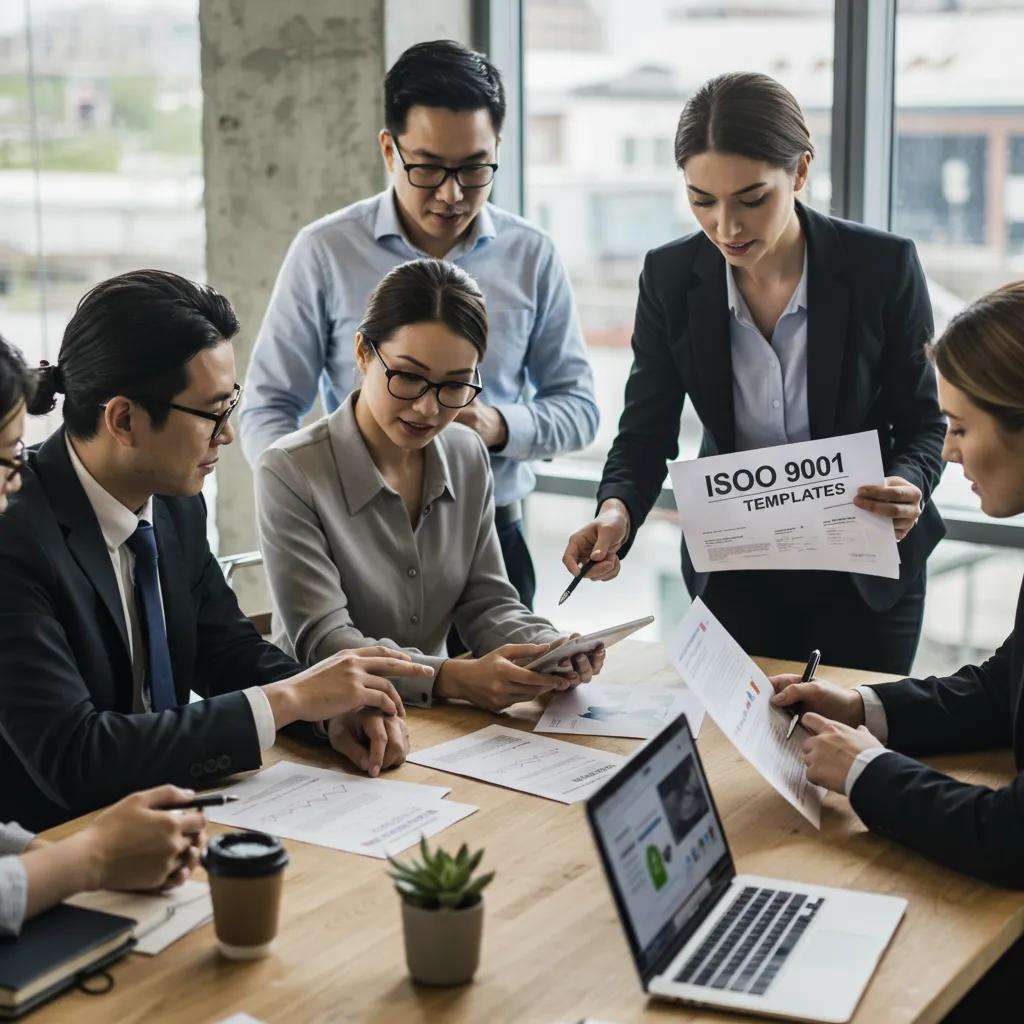 Team collaboration on ISO 9001 templates in a modern office