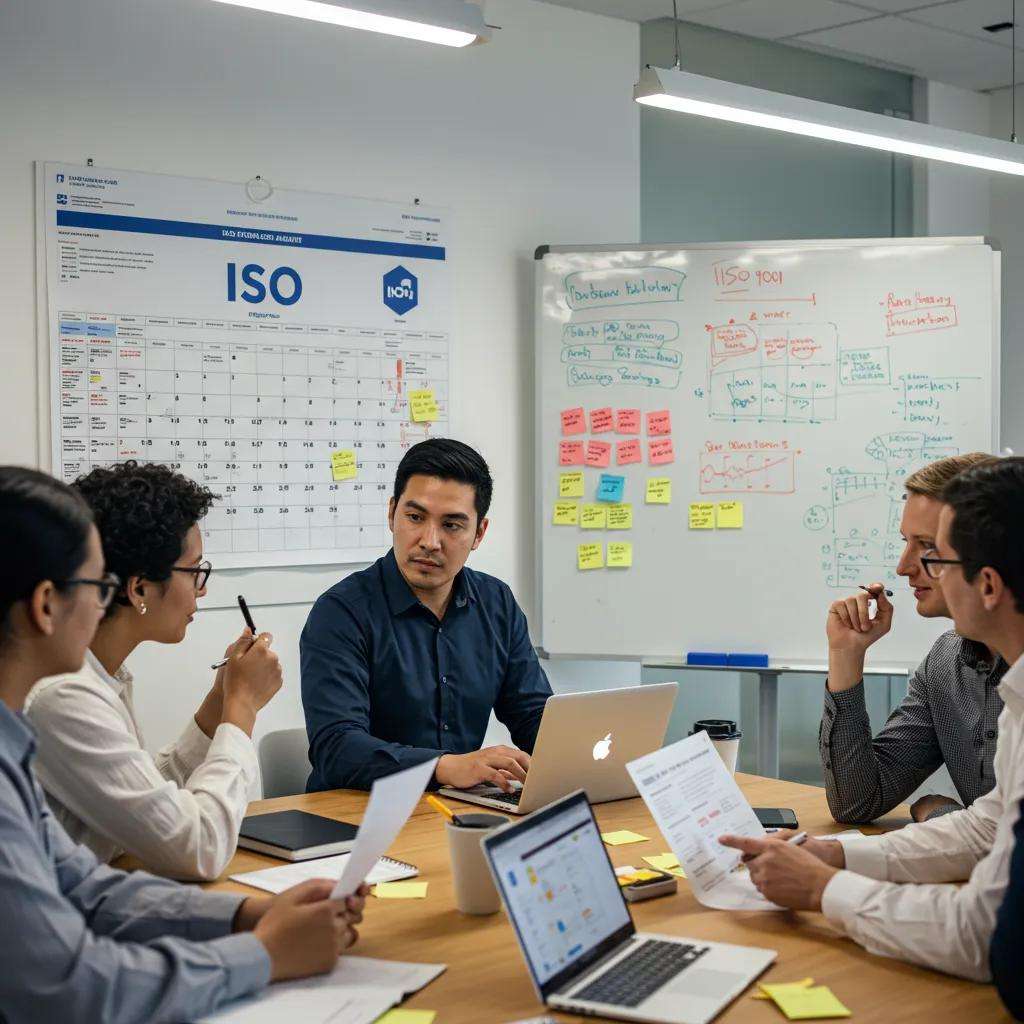 Team planning an ISO 9001 audit schedule with a calendar and laptops