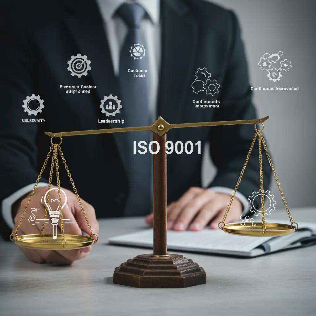 Visual metaphor for ISO 9001 core principles: customer focus, leadership, continuous improvement