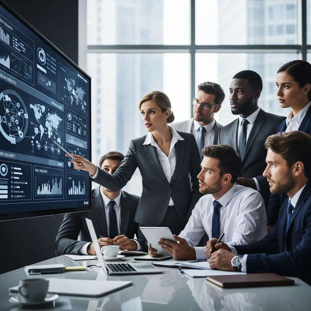 Business professionals collaborating on cyber security strategies, reviewing data on a digital screen in a modern office setting.