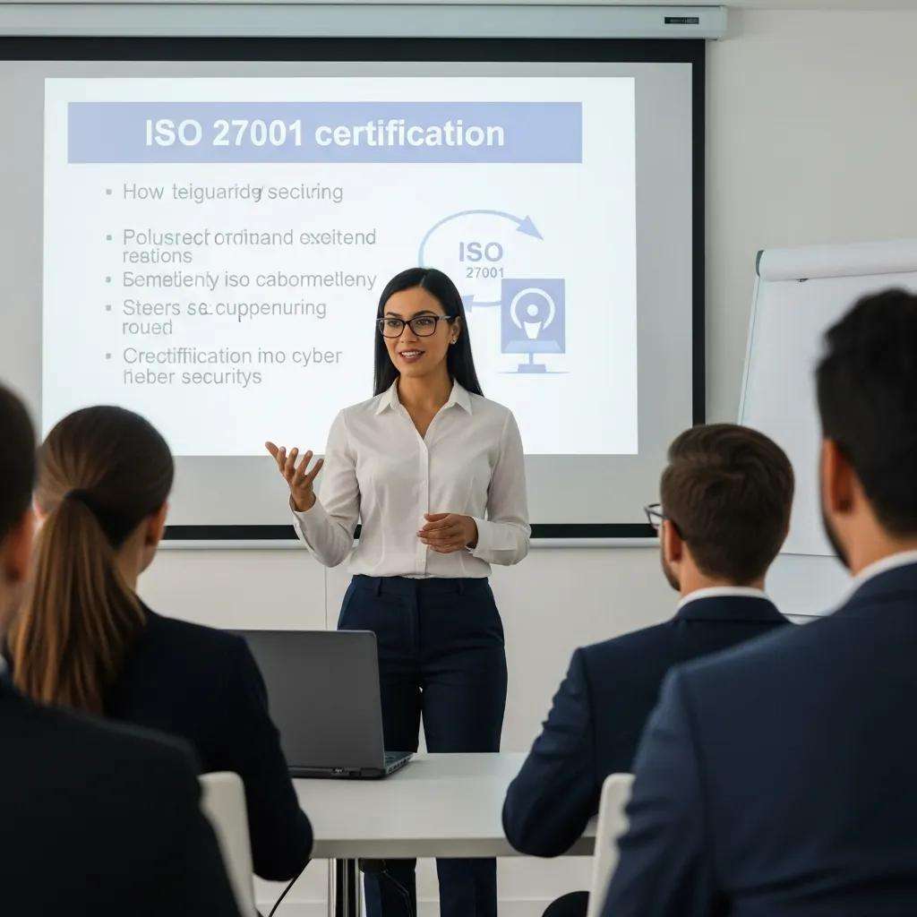 Consultant presenting ISO 27001 certification strategies to business professionals in a conference room