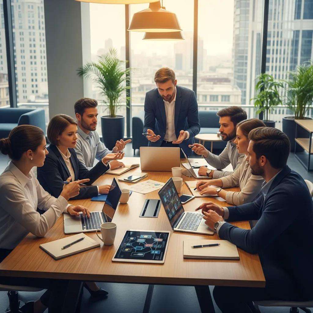 Cyber security consulting session with professionals discussing strategies in a modern office