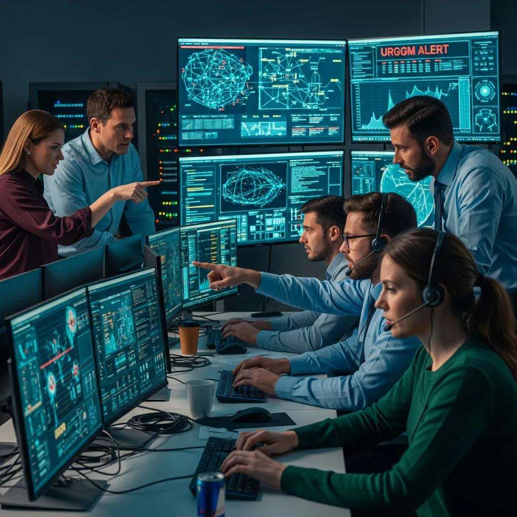 Cyber security incident response team analyzing data in a high-tech operations center