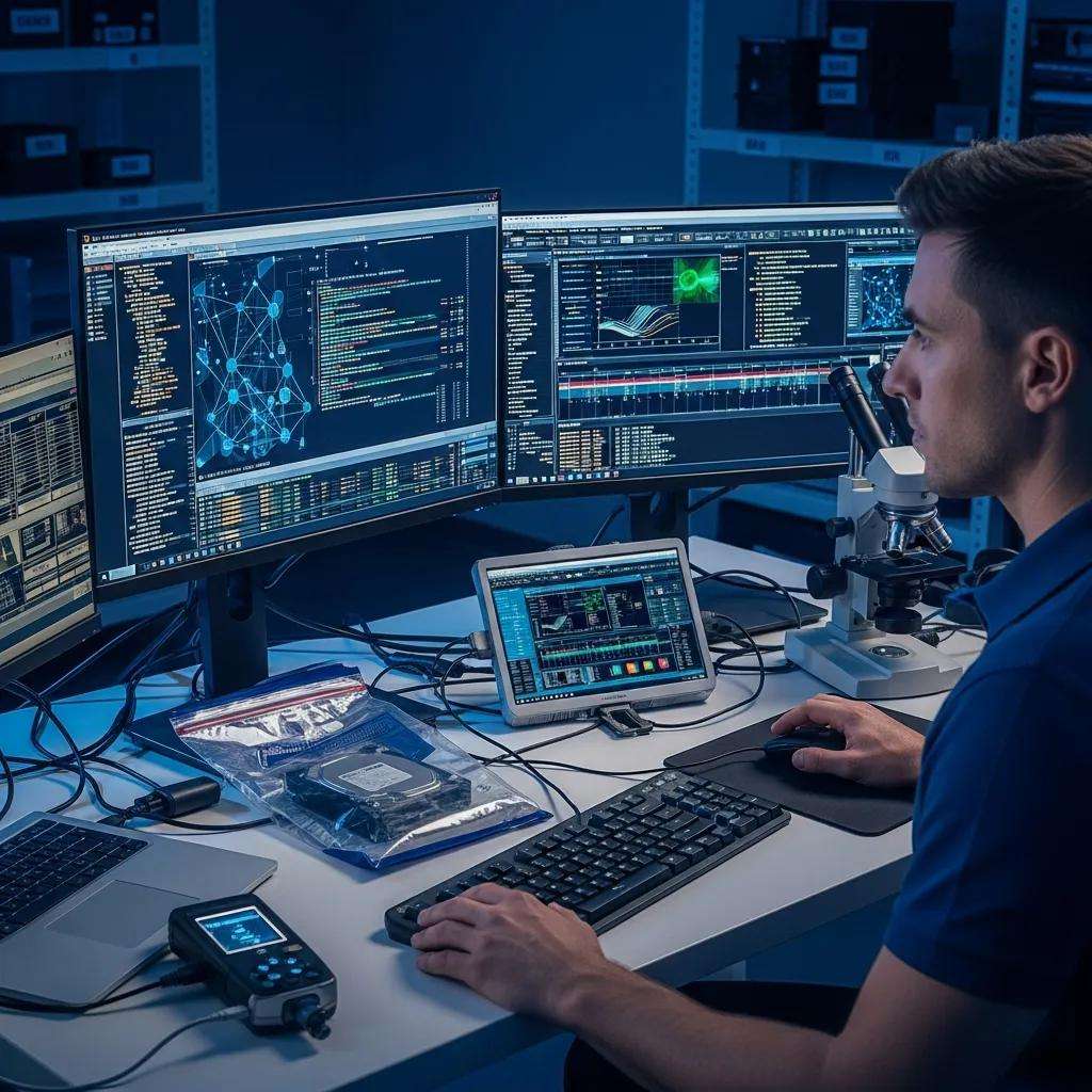 Digital forensics expert analyzing data on a computer in a high-tech environment