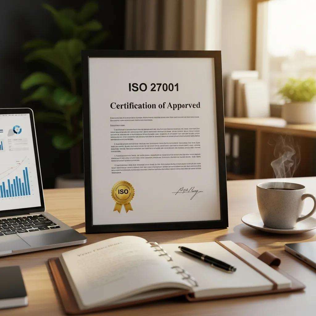 ISO 27001 certification document on a professional desk with office supplies