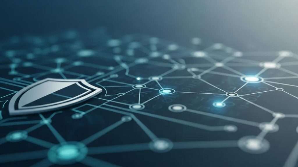 Data protection shield over digital network illustrating GDPR and ISO 27001 compliance.